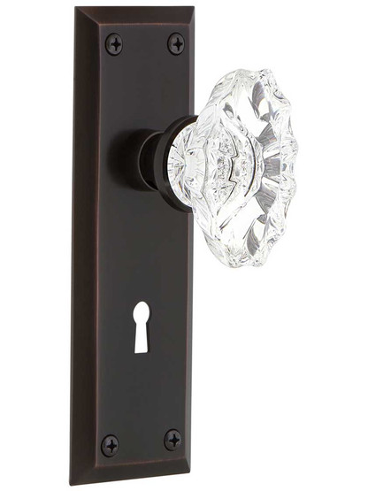 New York Style Mortise-Lock Set with Chateau Crystal Glass Knobs in Timeless Bronze.
